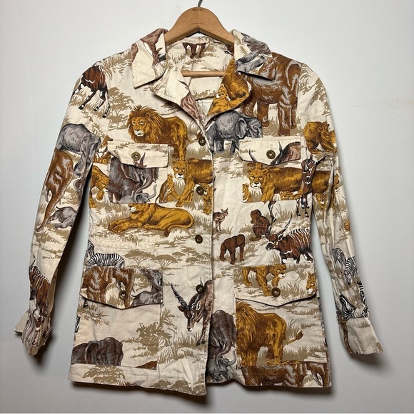 Militaries Equipment Jackets & Blazers - Vintage 1970s Militaires Equipment Safari Animal Print Cotton Utility Jacket